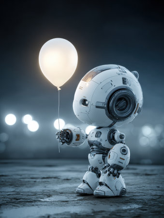 A small robot stands still, holding a glowing balloon in a dark and moody setting.の素材