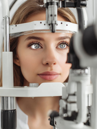 A young woman is undergoing an eye examination, paying close attention as the equipment is calibrated for her vision test.の素材