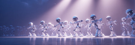 A group of robots showcases a synchronized dance performance under colorful stage lighting, creating an energetic atmosphere.の素材