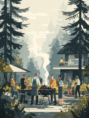 Friends and family gather for a summer barbecue in a wooded area, enjoying grilling, laughter, and outdoor fun amidst nature.の素材