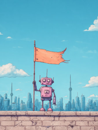 A brightly colored robot stands on a wall, holding an orange flag high above a modern city skyline under a clear blue sky.の素材