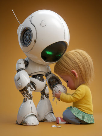 A child kneels down, focused on repairing a broken toy while a robot attentively assists, both surrounded by a cheerful atmosphere.の素材