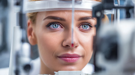 A young woman with striking blue eyes is focused on an eye exam, engaged with sophisticated optical instruments in a clinic.の素材