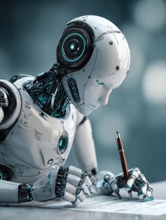 A humanoid robot is focused on writing with a pen, demonstrating precision and creativity in a sleek, modern environment.の素材