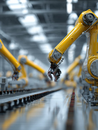 Robotic arms are engaged in assembly tasks within a high-tech manufacturing facility, showing advanced automation in action.の素材