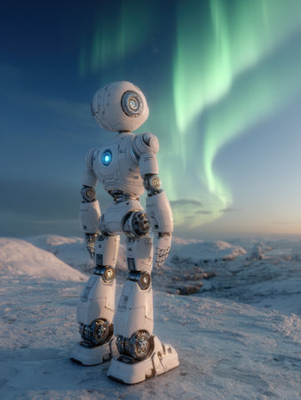 A robot gazes at the aurora borealis illuminating the night sky in a snowy setting, showing the beauty of nature combined with technology.の素材