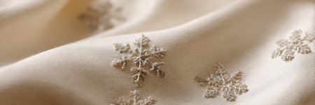 A close-up view reveals delicate snowflake embroidery on a textured fabric, highlighting winter elegance and cozy warmth.の素材