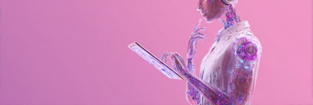 A transparent humanoid engages with a digital tablet against a bright pink backdrop, highlighting a futuristic vibe.の素材