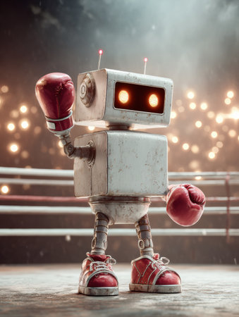 A small robot wearing boxing gloves stands confidently in a boxing ring. Bright lights twinkle in the background, creating an exciting atmosphere.の素材