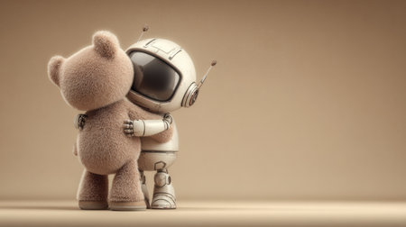 A friendly robot hugs a soft teddy bear in a simple environment, conveying warmth and innocence in a touching moment.の素材