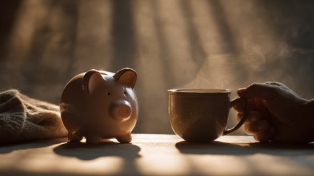 A hand gently holds a warm cup beside a piggy bank, with soft light filtering in, creating a cozy and reflective atmosphere.の素材