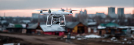 A drone hovers above a rural neighborhood at twilight, revealing residential buildings and a distant city skyline.の素材