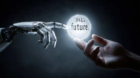 A human hand reaches out to a robotic hand, symbolizing the connection between technology and humanity, emphasizing the future in 2023.の素材