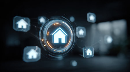 Digital display of home icons linked together, representing a smart home system with advanced connectivity and automation featuresの素材
