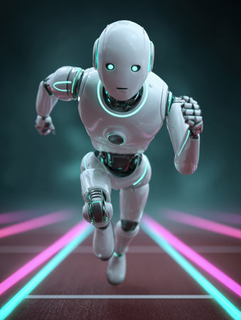 A humanoid robot runs rapidly on a glowing track, showing advanced design and agility in a vibrant, futuristic setting.の素材