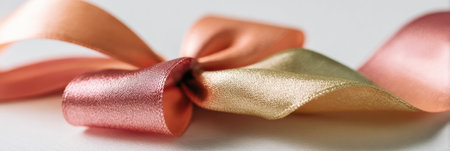 A close-up view of satin ribbons in shades of coral, peach, and gold, perfectly styled for crafting or gift wrapping.の素材