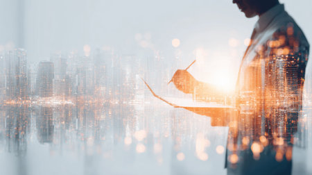 A business professional stands with a digital tablet, taking notes against a backdrop of a glowing city skyline at sunset.の素材