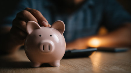 A person focuses on saving money by placing coins into a piggy bank while using a calculator in a cozy, dim environment.の素材