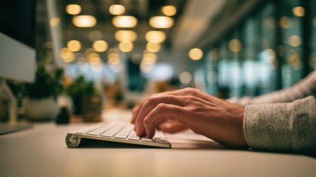 A person is focused on typing at a sleek desk in a stylish office lit by warm lights, showcasing a productive work environment.の素材