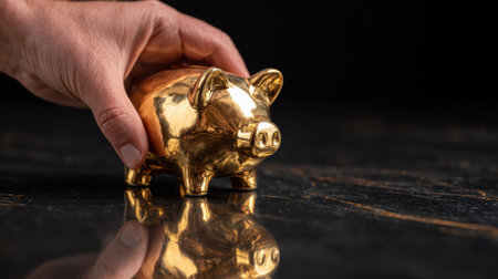 A golden piggy bank is being gently held, reflecting light off a polished surface, symbolizing savings and financial security.の素材