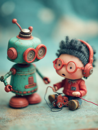 A child with glasses and headphones sits next to a vintage robot, both focused on a toy camera, capturing a moment of fun and imagination.の素材