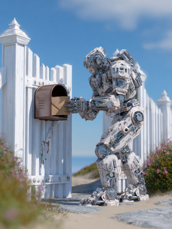 A robot is inserting a letter into a mailbox at a coastal setting next to a white picket fence on a sunny day.の素材