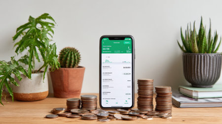 A mobile banking application displays account details with stacks of coins beside potted plants on a wooden surface.の素材
