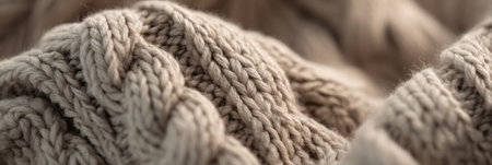 The soft beige knit fabric features intricate patterns and textures, showing a cozy and inviting design perfect for cold weather.の素材