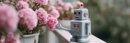 A charming robot is seen watering vibrant pink flowers in a sunny garden. The scene is lively with the warmth of spring.の素材