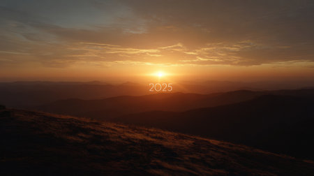 Golden sunset light fills the sky as it sets behind distant mountains, creating a serene view filled with warm colors.の素材