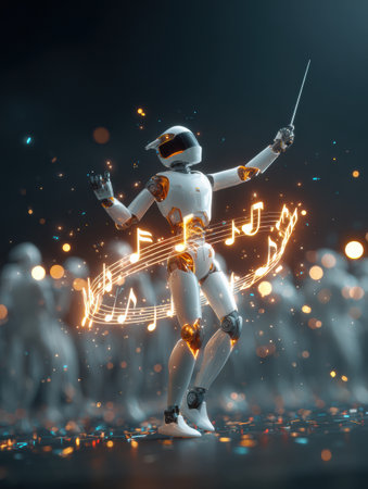 A dynamic robot conductor directs an ensemble of robotic musicians, creating an engaging musical scene filled with glowing notes and excitement.の素材