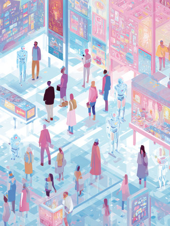 People walk through a lively futuristic market filled with robots and bright displays, creating a unique urban atmosphere.の素材