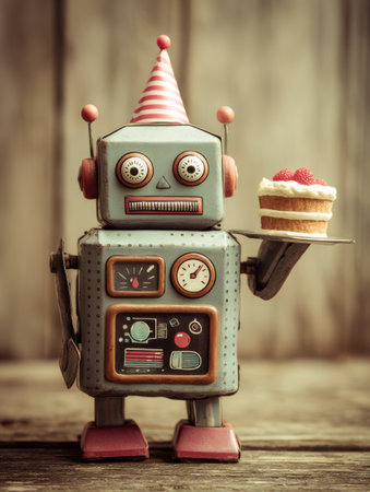 A colorful robot with charming features presents a cupcake topped with raspberries.の素材
