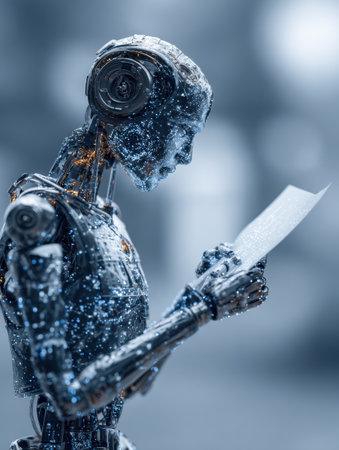 A metallic robot stands still while reading a printed document, surrounded by a blurred, high-tech environment.の素材