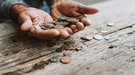 A person is counting coins in their hands while sitting at a rustic wooden table, with some coins spread out nearby.の素材