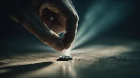 A hand positions a coin carefully on a wooden tabletop, with soft light beams enhancing the mysterious scene.の素材