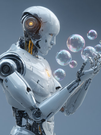 A robot examines floating bubbles, showcasing advanced technology and a sleek design in a clean, modern setting.の素材