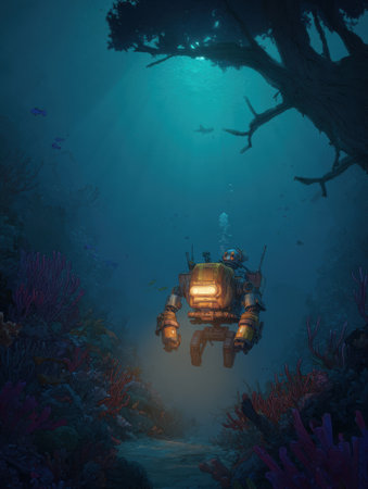 A diving robot explores a colorful underwater landscape filled with coral reefs and marine life in tranquil blue waters.の素材
