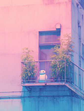A small robot stands calmly on a balcony, bordered by green plants, as the colorful sky glows during the evening.の素材