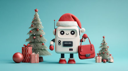 A cheerful robot in a Santa hat carries a red handbag next to two decorated Christmas trees and wrapped gifts, creating a joyful holiday scene.の素材