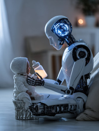 A futuristic robot gently feeds a baby doll from a bottle while seated indoors in soft, warm light, creating a serene atmosphere.の素材