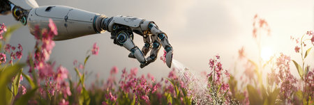 A robotic hand gently waters blooming flowers in a colorful field, capturing the blend of nature and technology at sunset.の素材