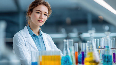 A scientist in a lab coat stands confidently in a modern laboratory, examining vibrant chemical solutions in various glass containers.の素材