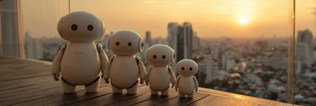 Four robots of various sizes are positioned on a balcony, facing a stunning sunset over a sprawling cityscape filled with tall buildings.の素材