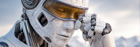 A humanoid robot stands in a dramatic landscape, gazing thoughtfully while touching its forehead, surrounded by mountains under a cloudy sky.の素材