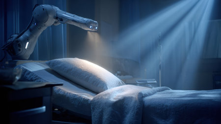A robotic arm provides support by lighting up a hospital bed, creating a serene atmosphere for patient care at night.の素材