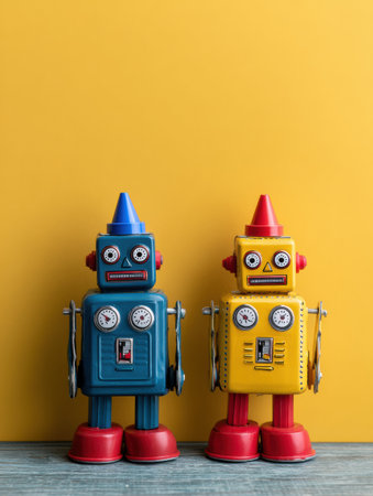 Two retro toy robots in blue and yellow colors display their charming designs against a vibrant yellow backdrop, creating a lively scene.の素材
