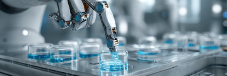 A robotic arm skillfully transfers liquid into small containers in a high-tech lab, showcasing advanced automation and precision.の素材