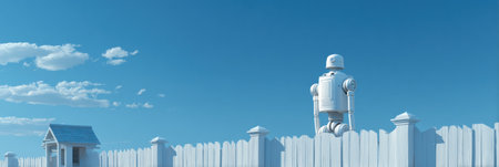 A robot is seen peering over a white picket fence against a clear blue sky with soft clouds. The scene captures curiosity and innovation.の素材