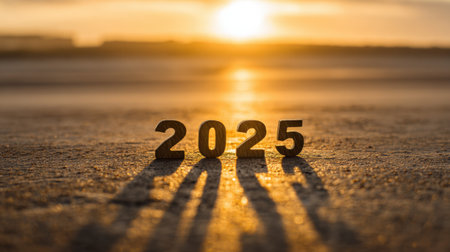 The year 2025 is displayed on a surface as sunlight creates golden hues during sunset, casting long shadows.の素材